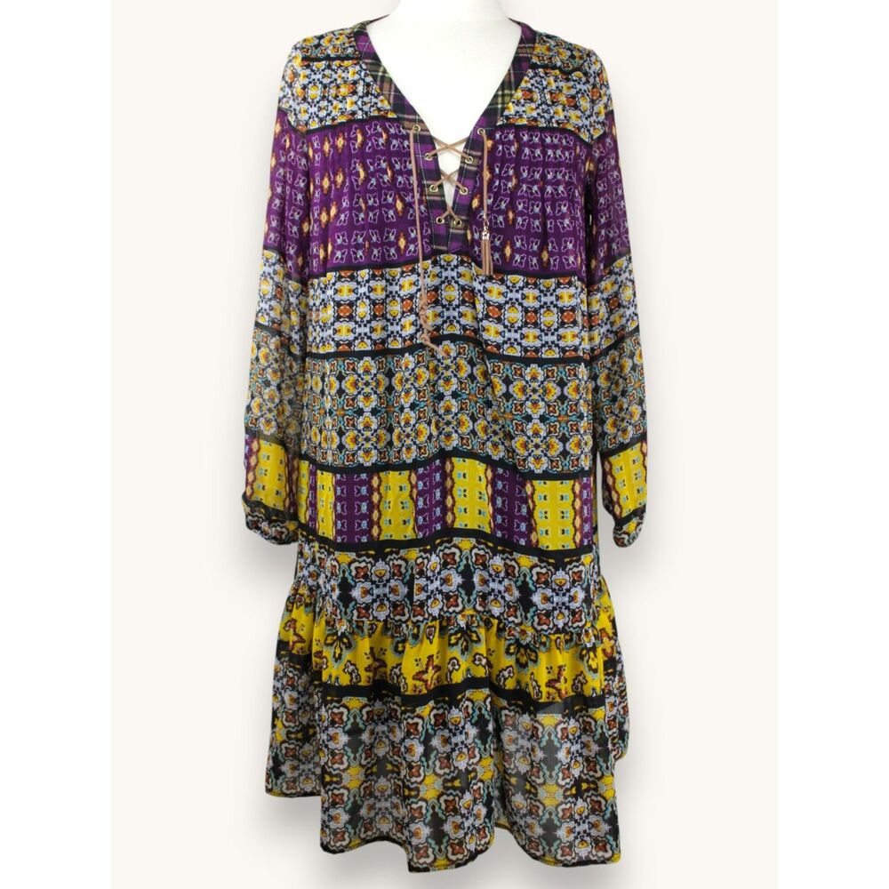 NY Collection Patchwork Boho Prairie Dress Western Boho Tiered Peasant Mini